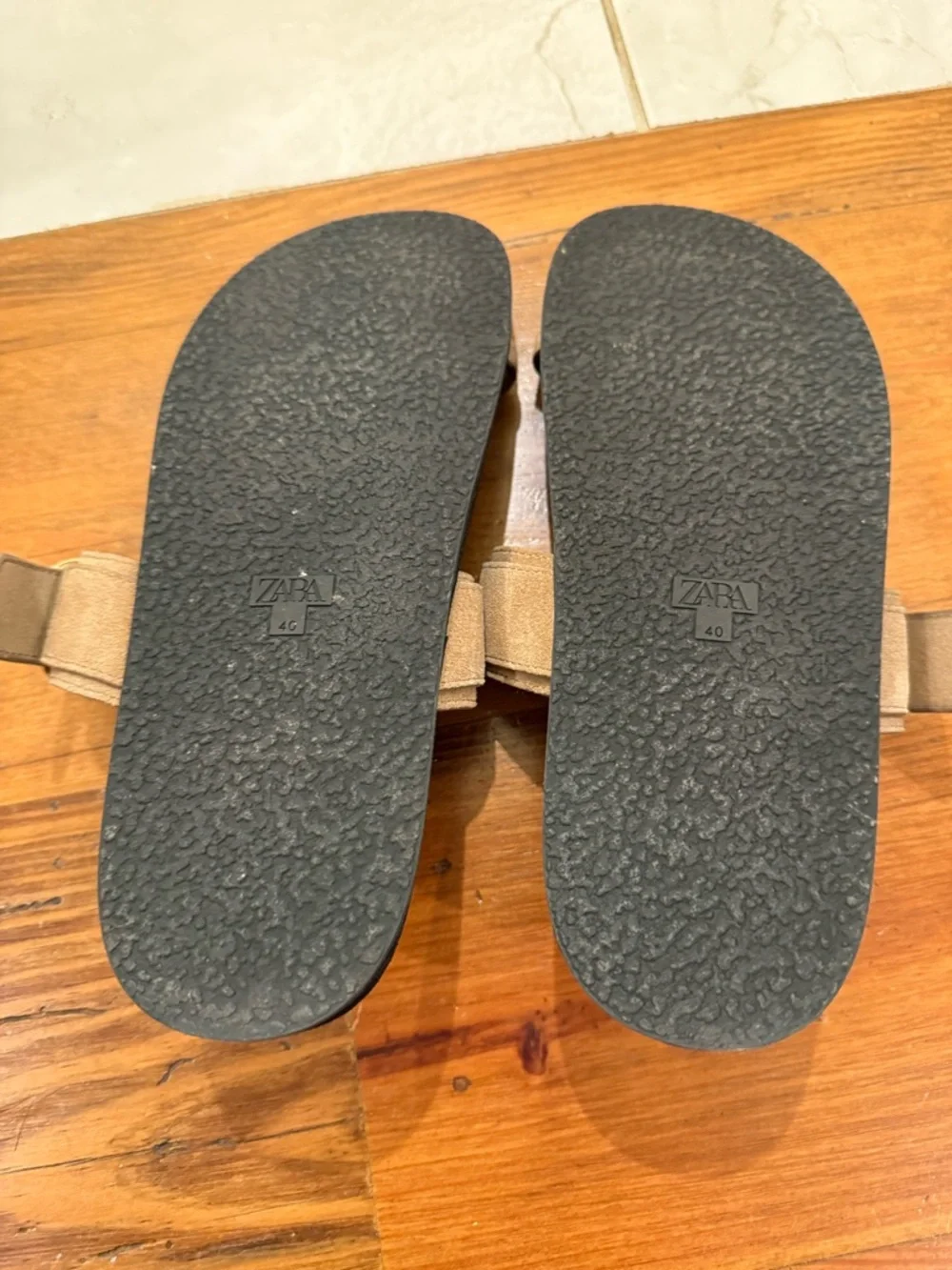 ZARA Brown Suede Buckle Slide Sandals with Black Footbed - Picture 3 of 4